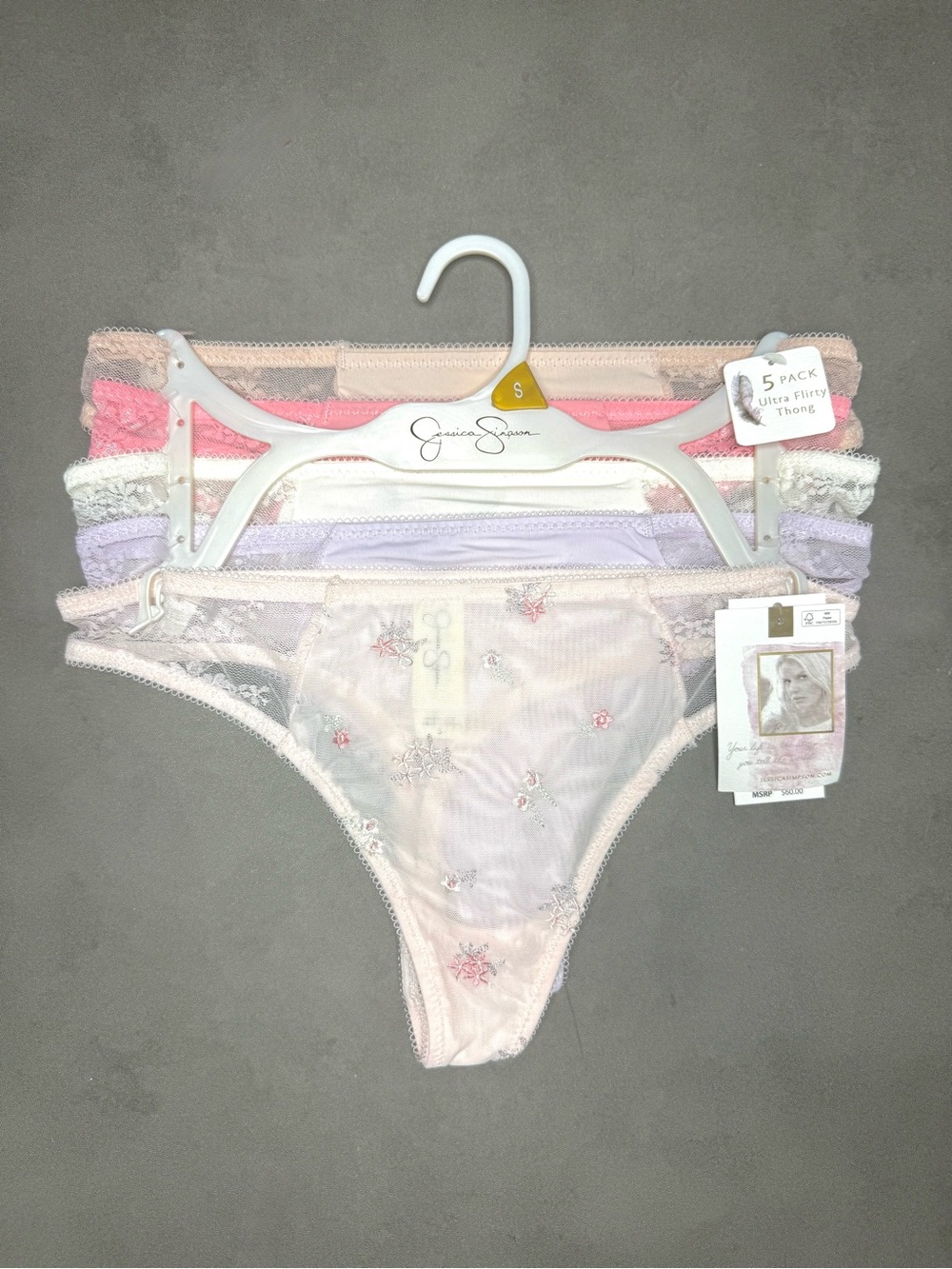 Jessica Simpson 5-Pack‎ Floral Lace Ultra Flirty Thongs in Pink, White, Lavender